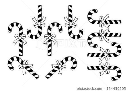 Black and white striped candy canes with ribbons in various positions, vector art illustration design template isolated on a white background. 134459205