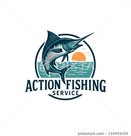 Vintage rounded fishing vector logo design. Blue and green marlin fish with sunset and ocean background for an action fishing service. Vintage rounded fishing vector logo design. Blue and green marlin fish with sunset and ocean background for an action fishing service. 134459209
