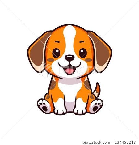Cute cartoon puppy with orange and white fur sitting and smiling vector art illustration design template isolated on a white background. 134459218