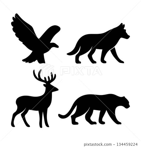 Four black vector silhouettes of animals, including a bird, wolf, deer, and a big panther, isolated on a white background 134459224