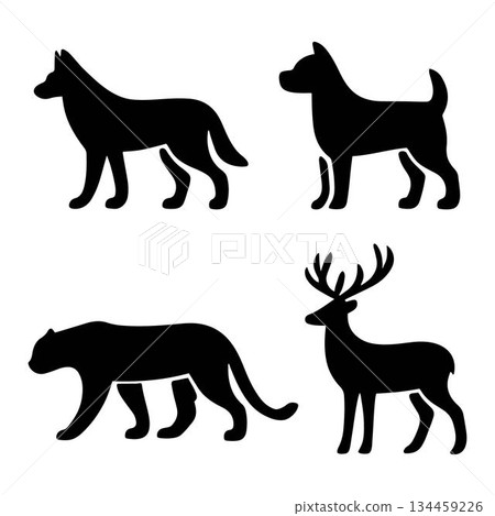 Four Black Silhouettes of Animals Including Wolf, Dog Deer and Leopard, vector illustration isolated on a white background. 134459226