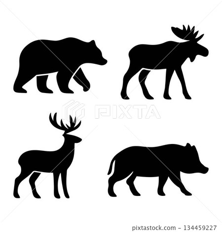 Four black silhouettes of bear, panther, deer and boar walking vector art bundle isolated on a white background. 134459227
