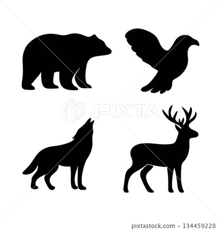 Four black silhouettes vector illustration of bear, wolf, deer and bird icon set collection isolated on a white background 134459228
