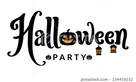 Halloween party text with pumpkins and lanterns in black and orange jack-o'-lantern vector art illustration design template isolated on a white background. Halloween party text with pumpkins and lanterns in black and orange jack-o'-lantern vector art illustration design template isolated on a white background. 134459232
