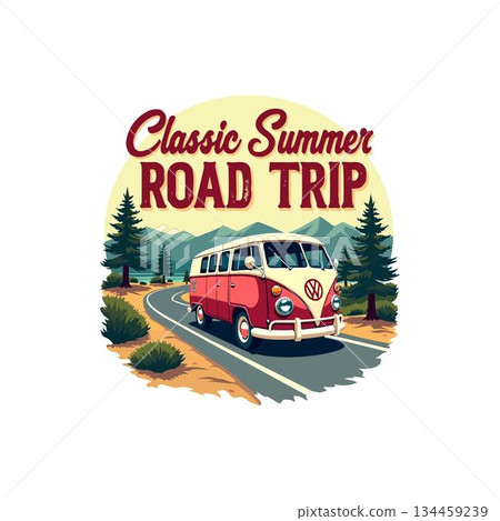 Red and white vintage Volkswagen van driving on a scenic road trip with summer mountains and trees vector art illustration design template isolated on a white background. 134459239