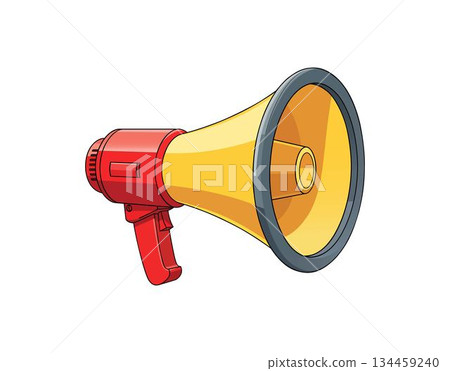 Vector Illustration design of a red and yellow megaphone with a black rim isolated on a white background. Loudspeaker vector icon with a colorful vibe on a white background. 134459240