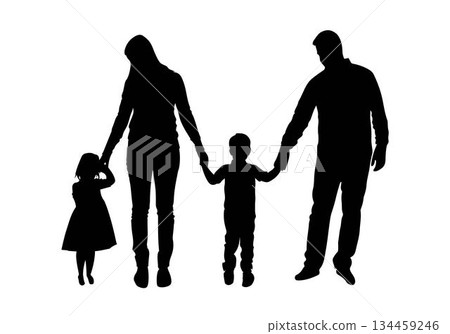 Silhouette of a family of four holding hands together, four people, black and white vector art illustration design template isolated on a white background. 134459246