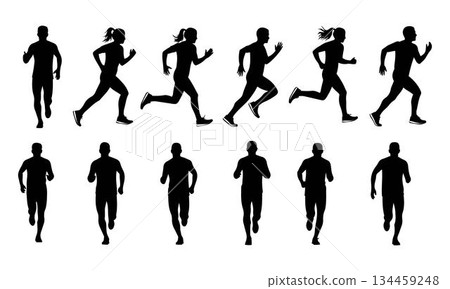Silhouettes of men and women running in various poses, exercise vector art illustration design template isolated on a white background. Silhouettes of men and women running in various poses, exercise vector art illustration design template isolated on a white background. 134459248