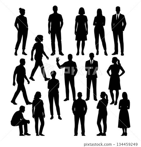 Silhouettes of people in various poses and outfits, black and white vector art illustration, isolated on a white background. 134459249