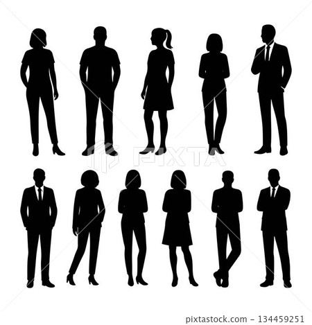 Silhouettes of ten people in business and casual attire standing in two rows, business attire vector art illustration design template isolated on a white background. 134459251