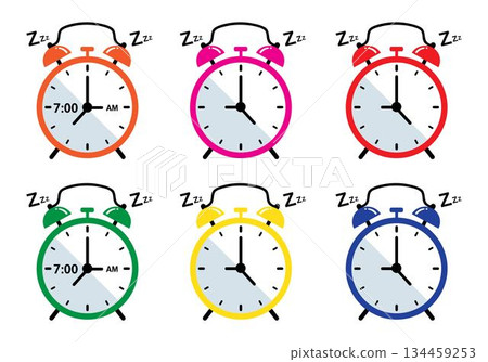 Six colorful alarm clocks showing seven o'clock with sleeping z symbols above the orange pink vector art illustration design template isolated on a white background. 134459253