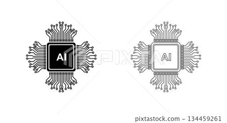 Two AI chip vector icons are designed with circuit patterns in black and white, representing artificial intelligence technology, isolated on a white background. Two AI chip vector icons are designed with circuit patterns in black and white, representing artificial intelligence technology, isolated on a white background. 134459261
