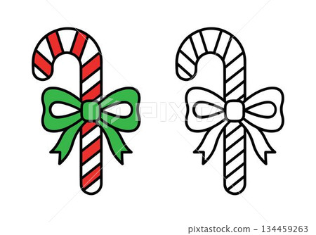 Two vector candy canes with ribbons, one red and white, one black and white green ribbon, isolated on a white background. 134459263