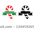 Two vector illustrations of candy canes with ribbons, one red and white, one black and white, holiday Christmas, isolated on a white background. 134459265