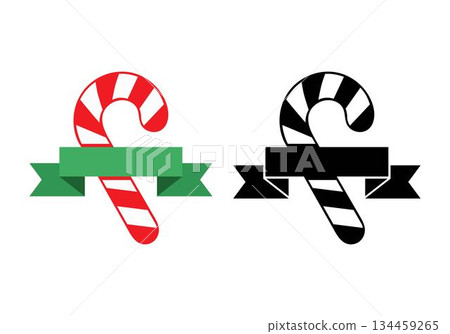 Two vector illustrations of candy canes with ribbons, one red and white, one black and white, holiday Christmas, isolated on a white background. Two vector illustrations of candy canes with ribbons, one red and white, one black and white, holiday Christmas, isolated on a white background. 134459265