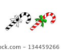 Two vector illustrations of candy canes with ribbons, one red and white, one black and white, holiday Christmas, isolated on a white background. 134459266