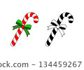 Two vector illustrations of candy canes with ribbons, one red and white, one black and white, holiday Christmas, isolated on a white background. 134459267