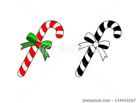 Two vector illustrations of candy canes with ribbons, one red and white, one black and white, holiday Christmas, isolated on a white background. Two vector illustrations of candy canes with ribbons, one red and white, one black and white, holiday Christmas, isolated on a white background. 134459267