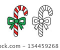 Two vector candy canes with ribbons, one red and white, one black and white green ribbon, isolated on a white background. 134459268