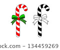 Two vector illustrations of candy canes with ribbons, one red and white, one black and white, holiday Christmas, isolated on a white background. 134459269