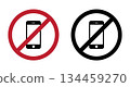 Two prohibition signs with a smartphone in red and black circles, no phone red circle vector art isolated on a white background. 134459270