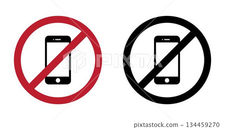 Two prohibition signs with a smartphone in red and black circles, no phone red circle vector art isolated on a white background. 134459270