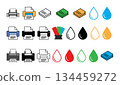 Various printers and ink droplets in different colors, green vector art illustration design template isolated on a white background. 134459272