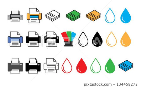 Various printers and ink droplets in different colors, green vector art illustration design template isolated on a white background. 134459272