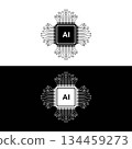 Two AI chip vector icons are designed with circuit patterns in black and white, representing artificial intelligence technology, isolated on a white background. 134459273