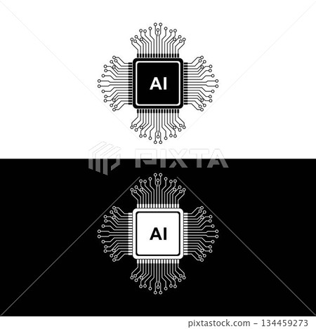 Two AI chip vector icons are designed with circuit patterns in black and white, representing artificial intelligence technology, isolated on a white background. Two AI chip vector icons are designed with circuit patterns in black and white, representing artificial intelligence technology, isolated on a white background. 134459273