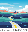 Winding road leading to small town with green hills and blue sky yellow lines white clouds cute cartoon puppy with orange and white fur sitting and smiling vector art illustration design template. 134459274