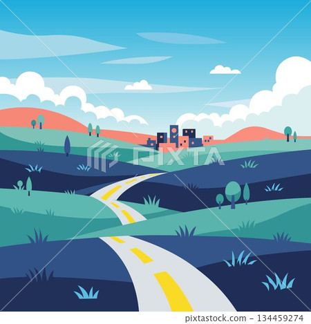 Winding road leading to small town with green hills and blue sky yellow lines white clouds cute cartoon puppy with orange and white fur sitting and smiling vector art illustration design template. 134459274