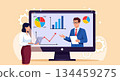A woman and a man are discussing data on a large computer screen with charts and graphs, vector art illustration design template. 134459275