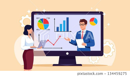 A woman and a man are discussing data on a large computer screen with charts and graphs, vector art illustration design template. A woman and a man are discussing data on a large computer screen with charts and graphs, vector art illustration design template. 134459275