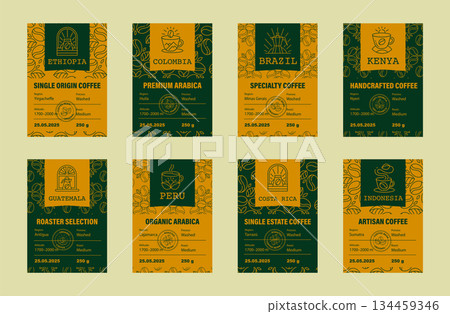 Coffee label Set. Food package templates with a minimalistic grid layout. Organic Arabica with text. Caffeine-roasted beans packaging. Vector vintage brand illustrations 134459346