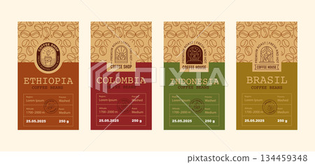 Coffee Packaging Label Set. Vertical Vintage Templates with Bean Textures, Handcrafted Stamps, and Logos Design in a vector illustration 134459348