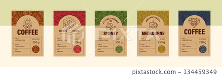 Vintage Coffee Branding Label Set. Vertical Templates with Coffee Bean Textures, Stamps, and Logo, Vector Illustration 134459349