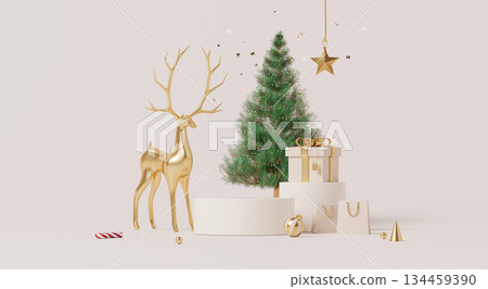 3D render, Minimal Christmas scene with golden reindeer tree gifts and holiday decoration display 3D render, Minimal Christmas scene with golden reindeer tree gifts and holiday decoration display 134459390