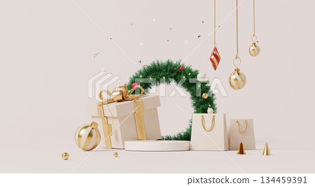 3D render, Minimal Christmas wreath with gifts ornaments and shopping bags holiday display scene 3D render, Minimal Christmas wreath with gifts ornaments and shopping bags holiday display scene 134459391