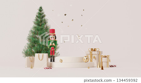 3D render, Minimal Christmas nutcracker with tree gifts and shopping bags festive scene 134459392