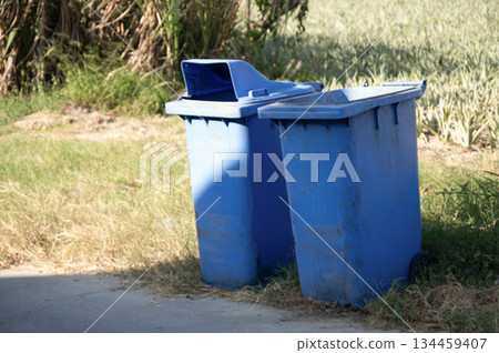 Two blue trash cans were placed by the side of the road. 134459407