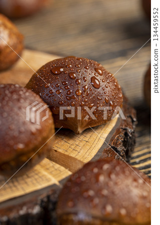 a hard edible chestnut fruit in a brown shell covered with water droplets on a wooden table, a group of wet chestnut fruits with a brown hard shell 134459552