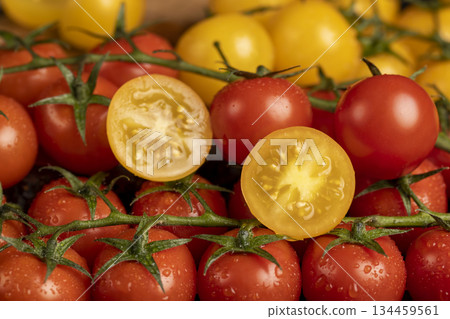 a yellow tomato cut into half and wet round fresh and sweet tomatoes of red and yellow color, yellow tomatoes with dots divided into half, the rest are covered with drops of water a yellow tomato cut into half and wet round fresh and sweet tomatoes of red and yellow color, yellow tomatoes with dots divided into half, the rest are covered with drops of water 134459561