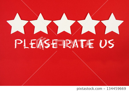 Please Rate Us text with five star on red background 134459669