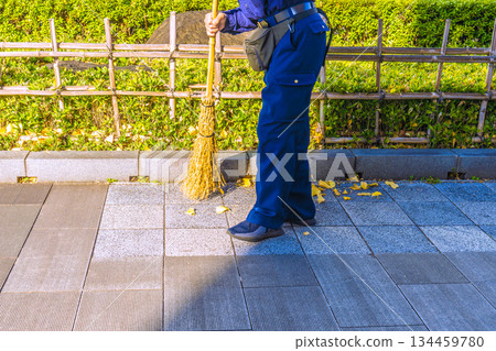 日本東京的城市景觀,年末…老化社會。一位老人正在清掃落葉,但他沒有使用簸箕(落葉,P A)。 日本東京的城市景觀,年末…老化社會。一位老人正在清掃落葉,但他沒有使用簸箕(落葉,P A)。 134459780