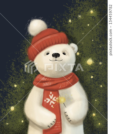 A digital drawing of a Christmas polar bear wearing a hat and scarf against a background of a Christmas tree A digital drawing of a Christmas polar bear wearing a hat and scarf against a background of a Christmas tree 134459782