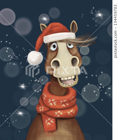 A digital drawing of a Christmas horse wearing a hat and scarf 134459783