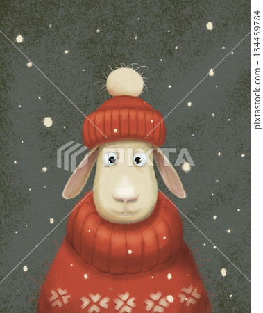 Digital drawing of a Christmas sheep in a hat and sweater 134459784