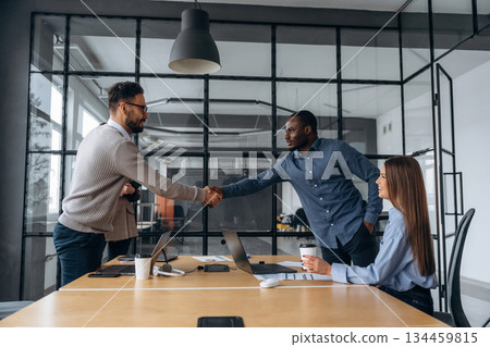 Shaking hands, greetings. Professional workers are in the modern office together 134459815