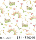 Seamless pattern with eco toys for baby. The illustration with a wooden camera, a rainbow, and flags is hand-drawn in watercolor. For children's room design, textile wallpaper, fabrics, wrapping paper 134459849